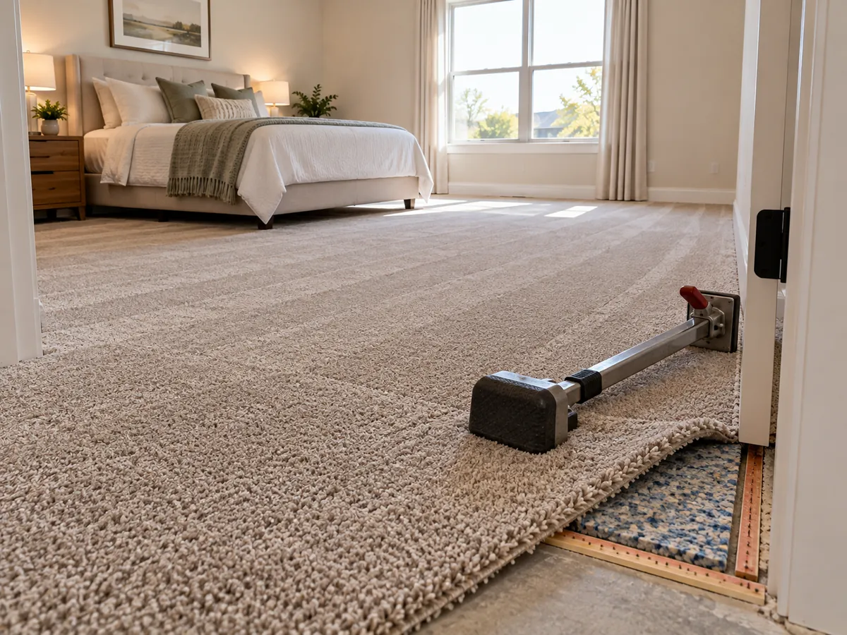 New plush carpet installed in an upstairs bedroom of a two-story home in Arlington, TX