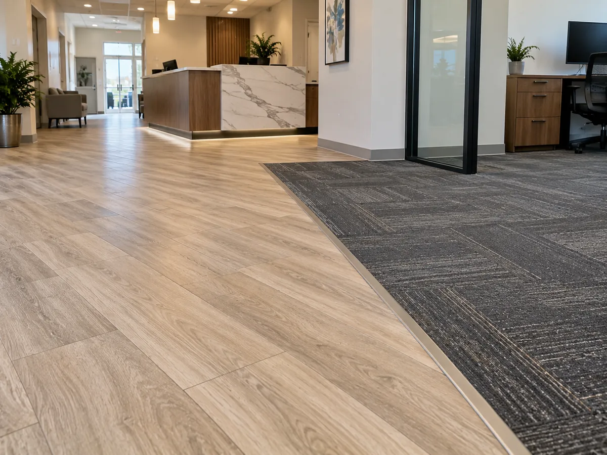 Commercial luxury vinyl tile and carpet tile installed in an Arlington, TX office suite