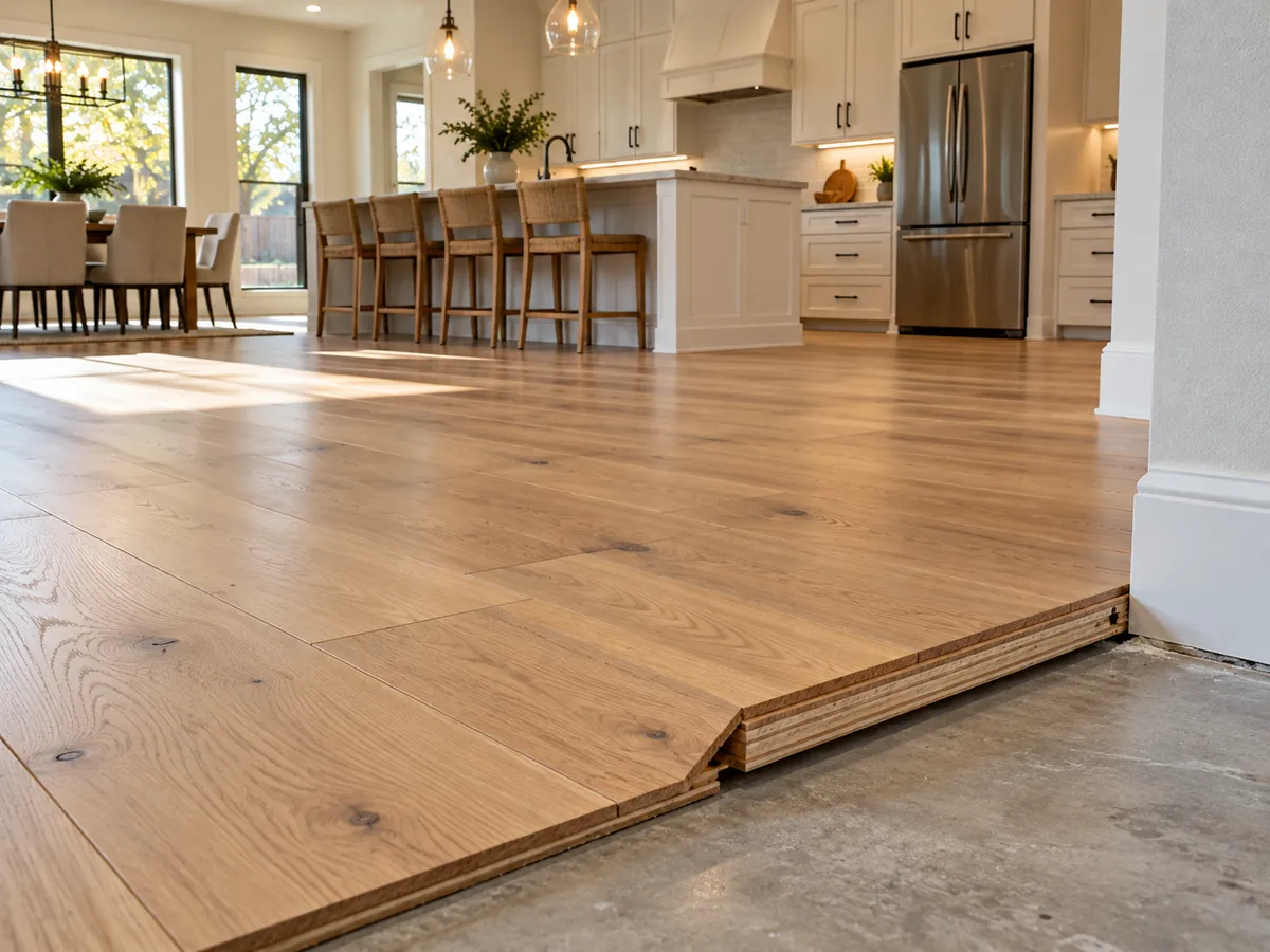 Engineered white oak planks glued down over a concrete slab in an Arlington, TX home