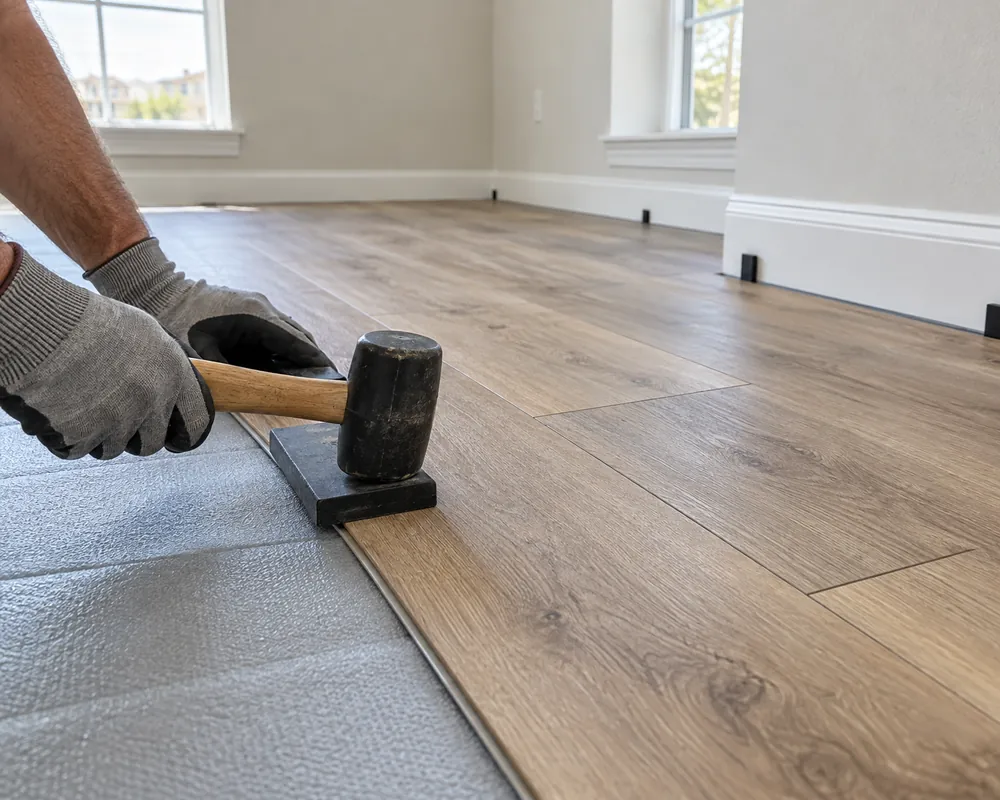 Installer tapping a luxury vinyl plank into place during a flooring installation in Arlington, TX