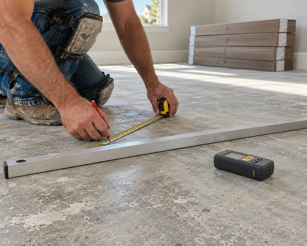 Flooring Contractor Arlington installer measuring a living room for new floors in Arlington, TX