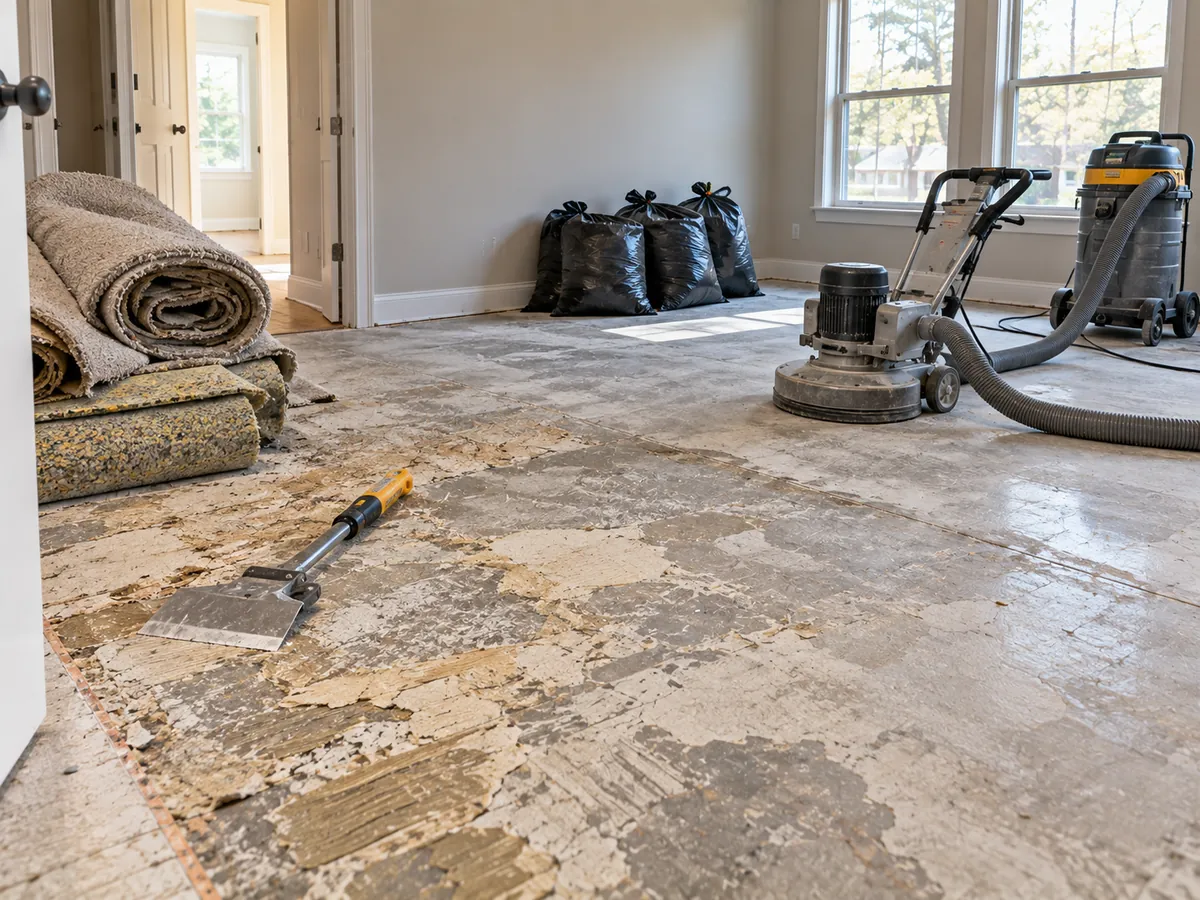 Old ceramic tile being removed from a concrete slab during flooring removal in an Arlington, TX home