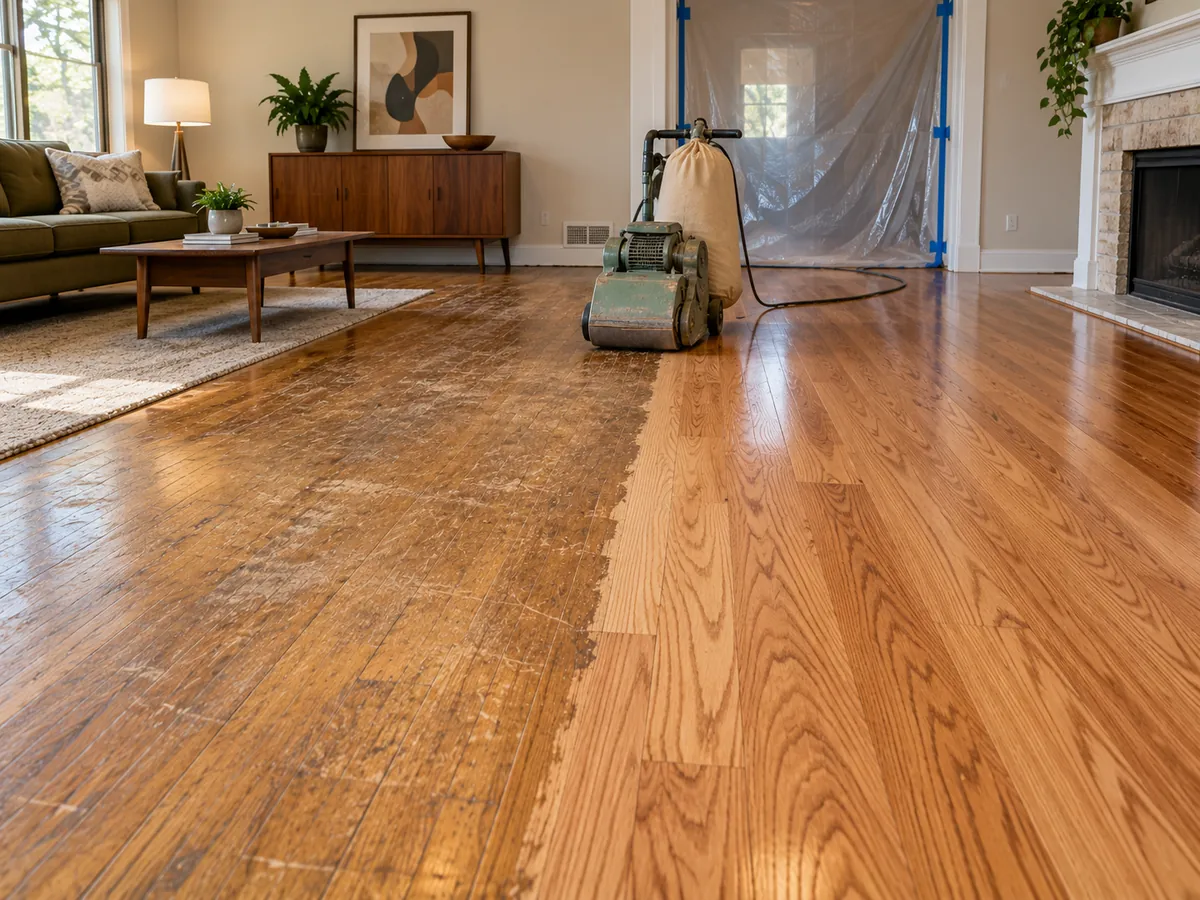 Freshly sanded and refinished red oak hardwood floor in an older Arlington, TX home
