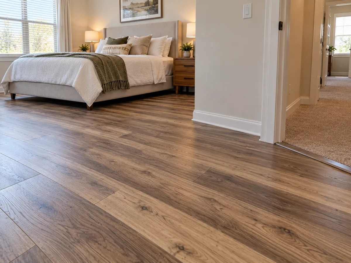 Light oak laminate flooring installed through the living room and hallway of an Arlington, TX home
