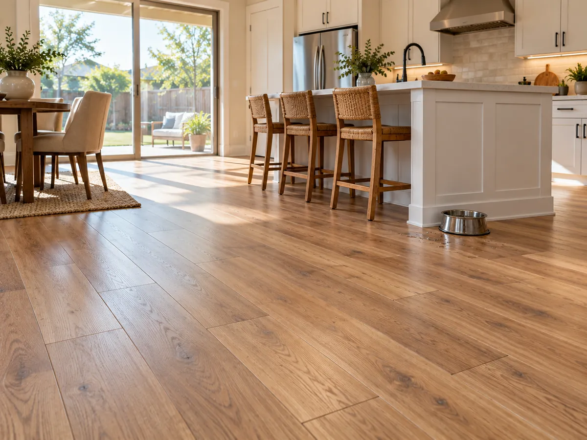 Oak-look luxury vinyl plank floor installed in an open kitchen and living area in Arlington, TX