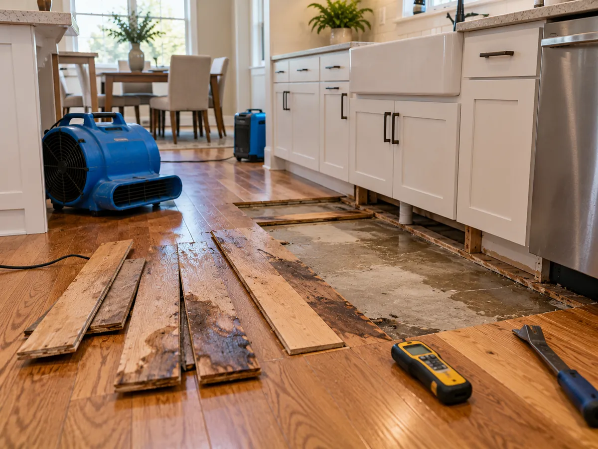 New plank flooring installed during water-damaged floor replacement in an Arlington, TX kitchen